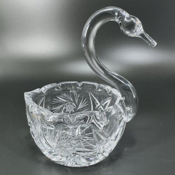 Bohemia Czech Clear Crystal Glass Swan Pinwheel Glass Dish Bowl Duck Bird VTG - Picture 1 of 12